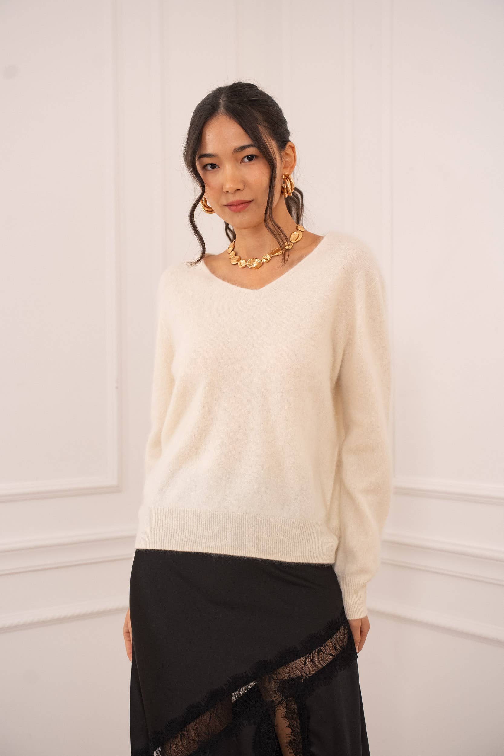 Pull cachemire & laine brossé col V - A889