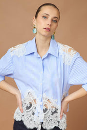 Chemise coton empiècements en dentelle - CK08340-1