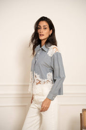 Chemise coton empiècements en dentelle - CK08340-1