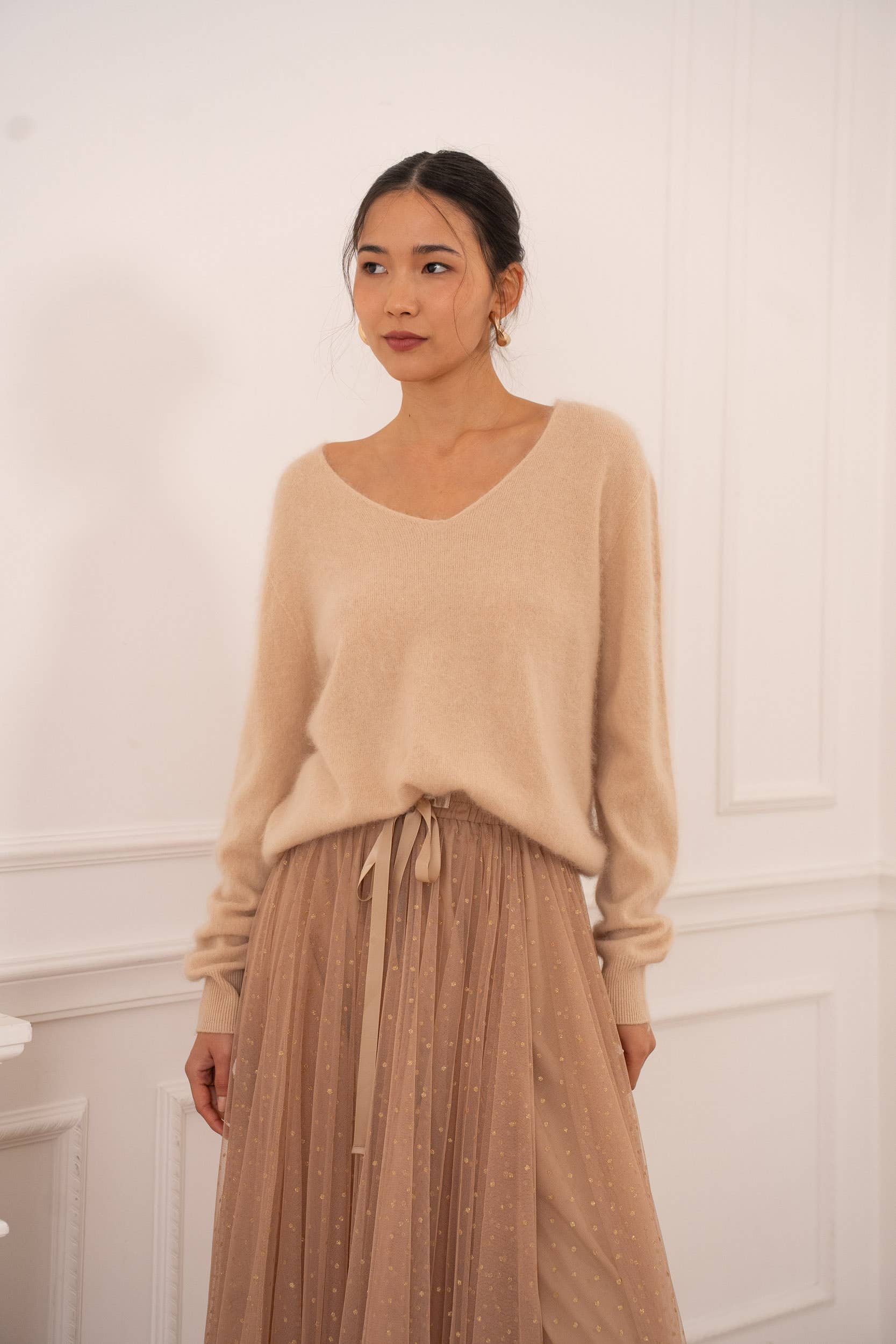 Pull cachemire & laine brossé col V - A889