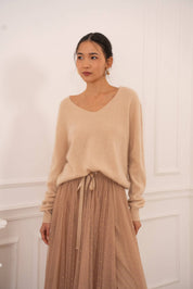 Pull cachemire & laine brossé col V - A889
