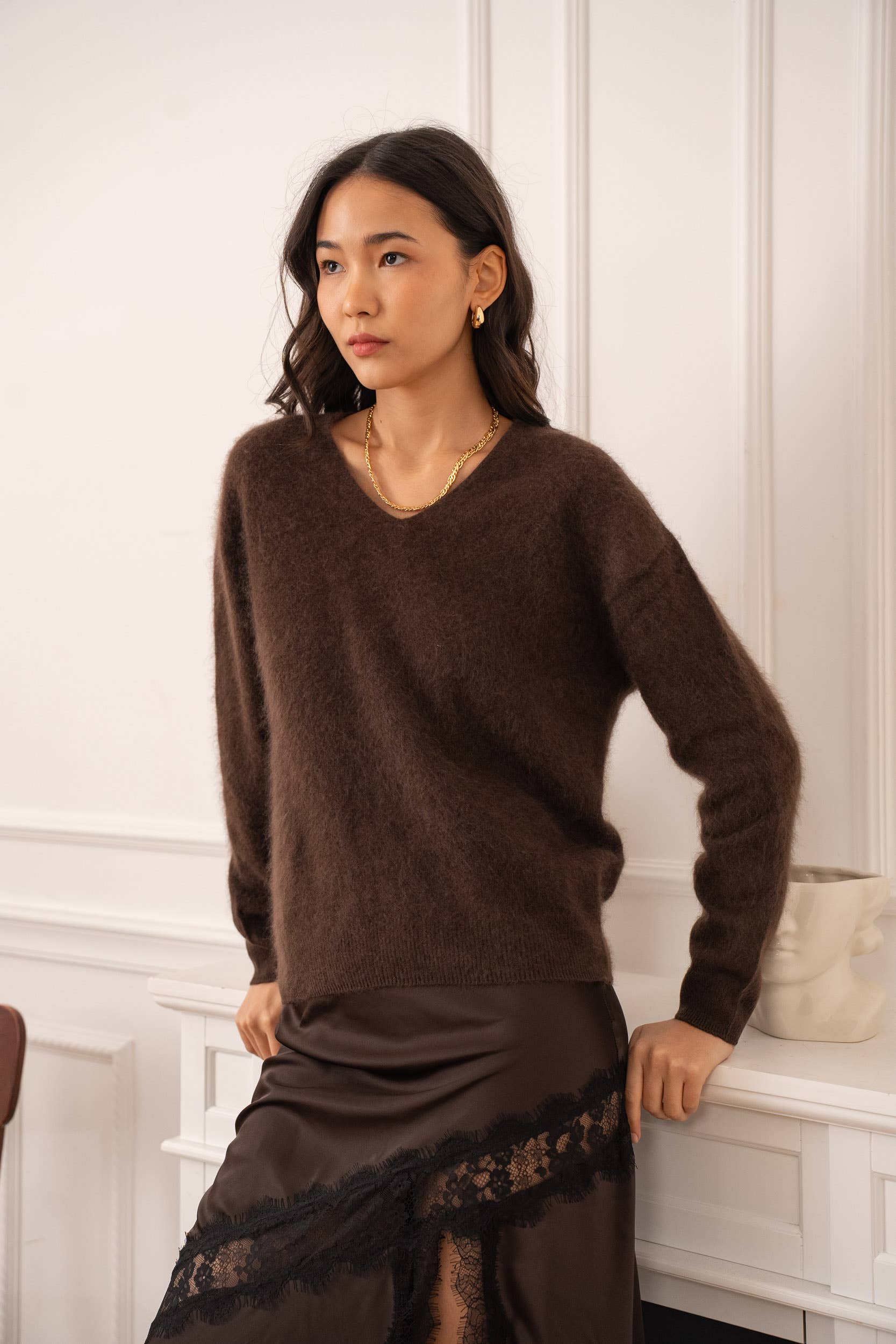 Pull cachemire & laine brossé col V - A889