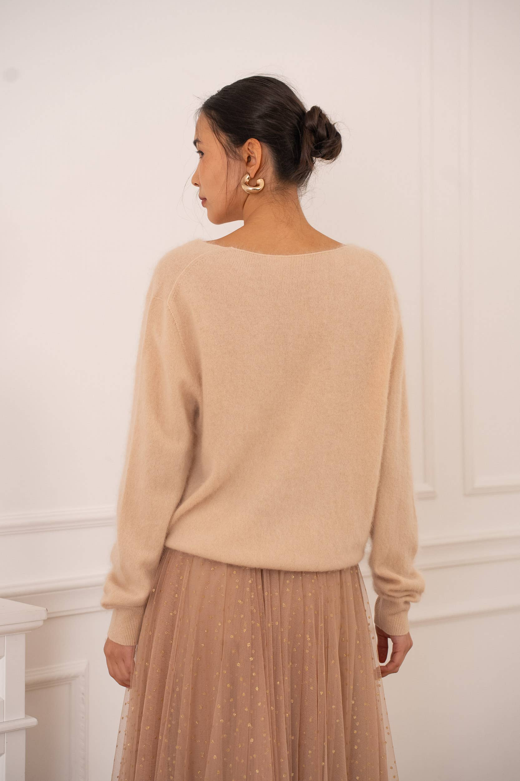 Pull cachemire & laine brossé col V - A889
