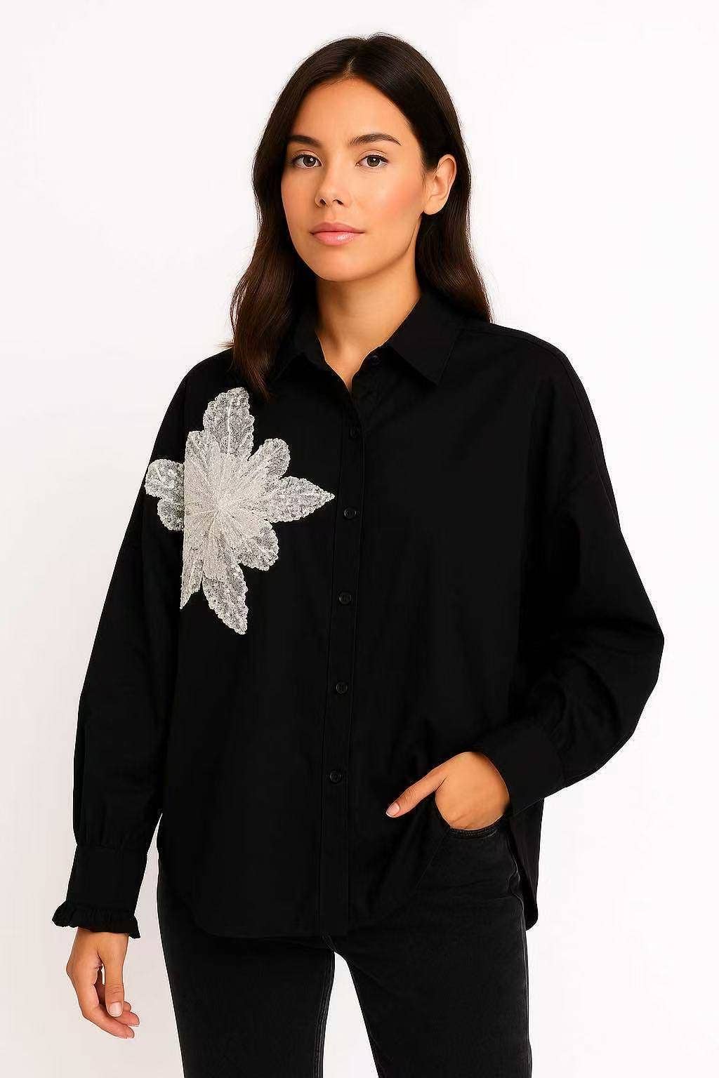 Chemise Fleur Pailletée Femme Oversize