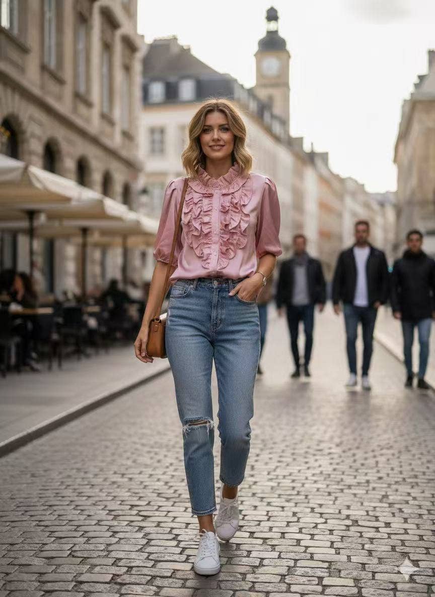 Blouse Satinée Volants Couture – Élégance Parisienne