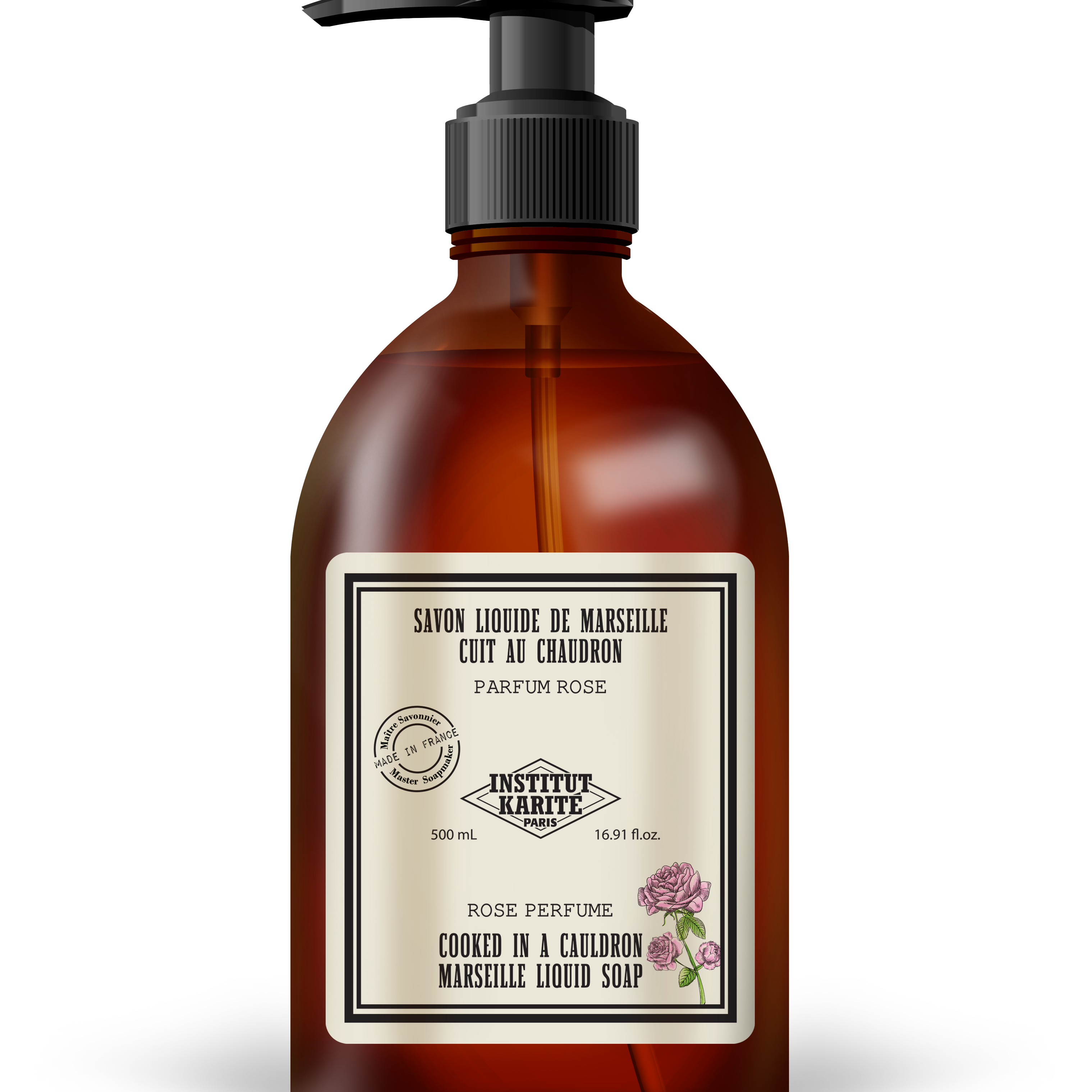 Vintage -sarjan Rose-nestesaippua, jossa perinteinen ranskalainen etiketti ja tyylikäs pumppukorkki.