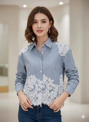 Chemise en coton empiècements en dentelle - CK08340: Bleu ciel / 2S/M - 2M/L