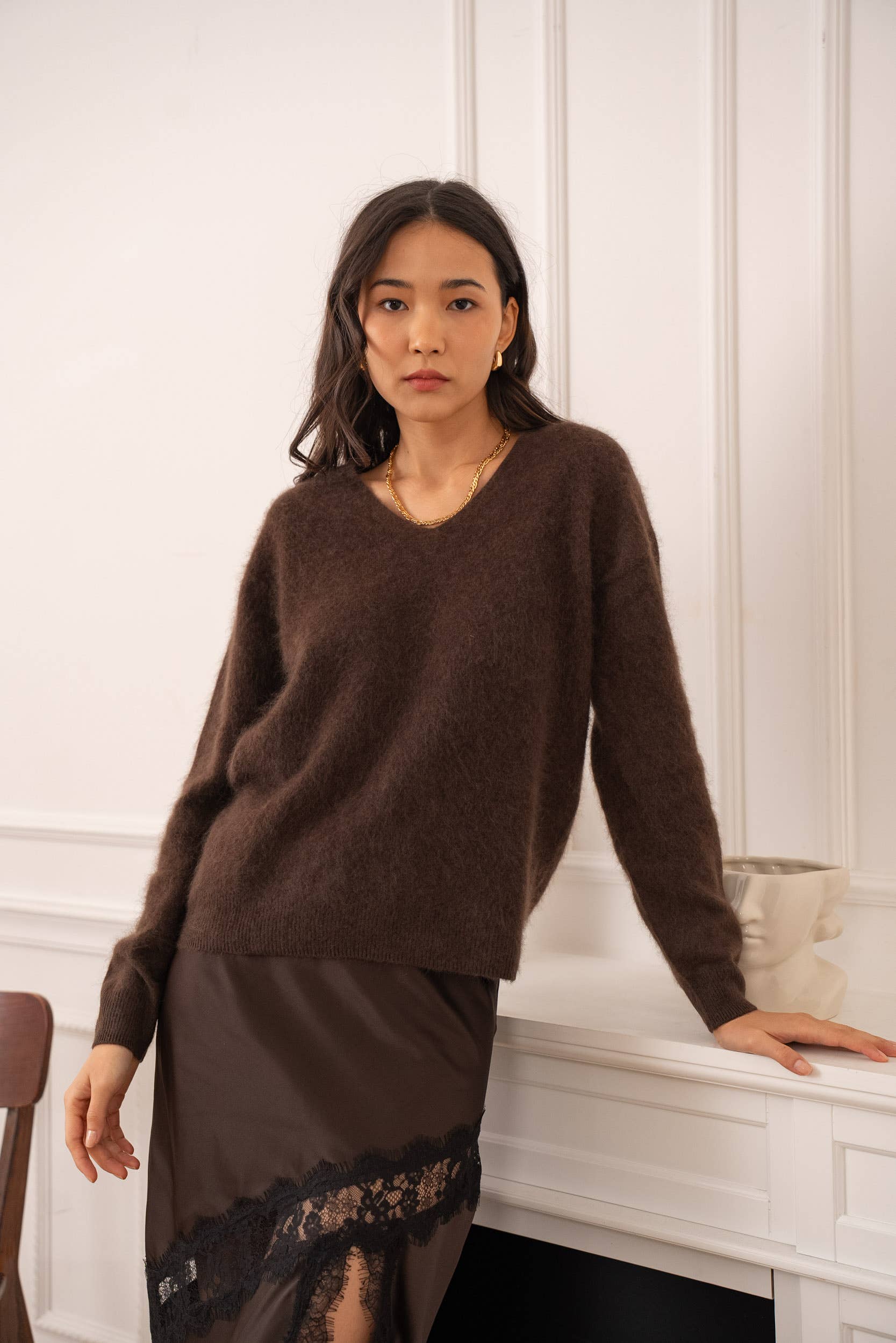 Pull cachemire & laine brossé col V - A889