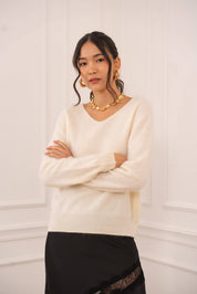 Pull cachemire & laine brossé col V - A889