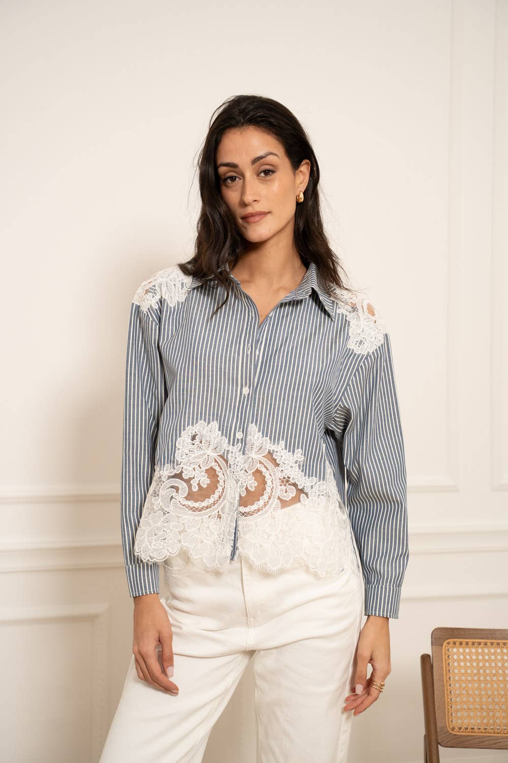Chemise coton empiècements en dentelle - CK08340-1