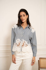 Chemise coton empiècements en dentelle - CK08340-1
